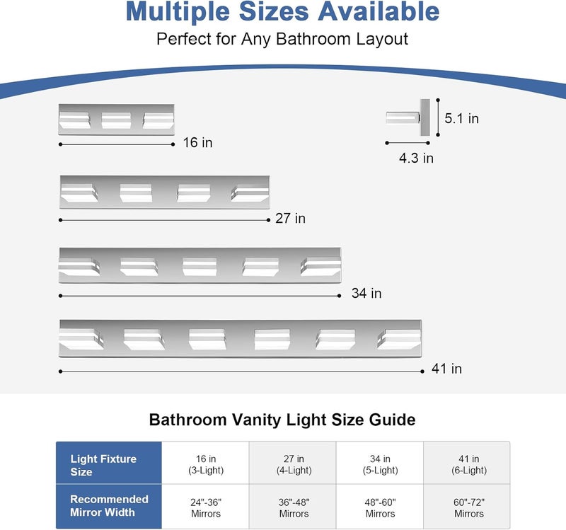 JZEKVN Modern LED Bathroom Lights Fixtures(4-Light),Stainless Steel Chrome Acrylic Wall Lighting,Vanity Lights for Bathroom Over Mirror(6000k 27in) - Image 3